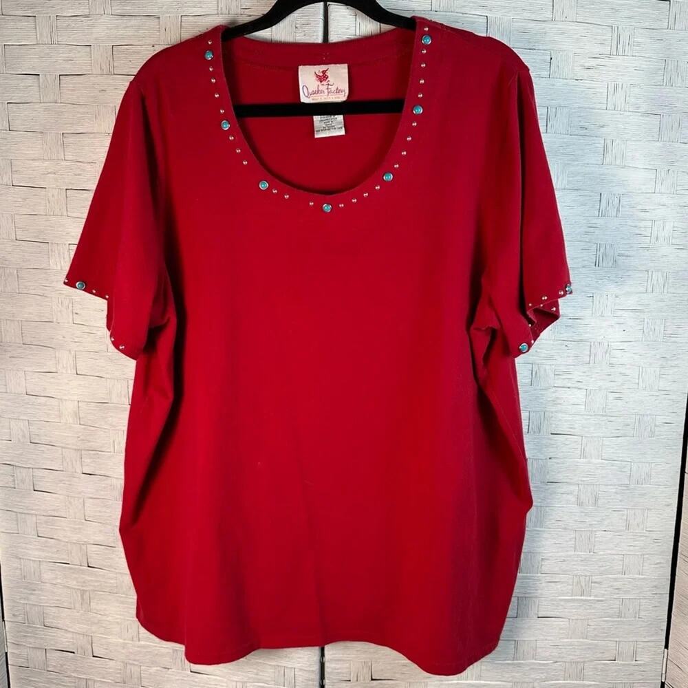 Quacker Factory Womens t-shirt silver & blue rhinestones collar & cuff plus size